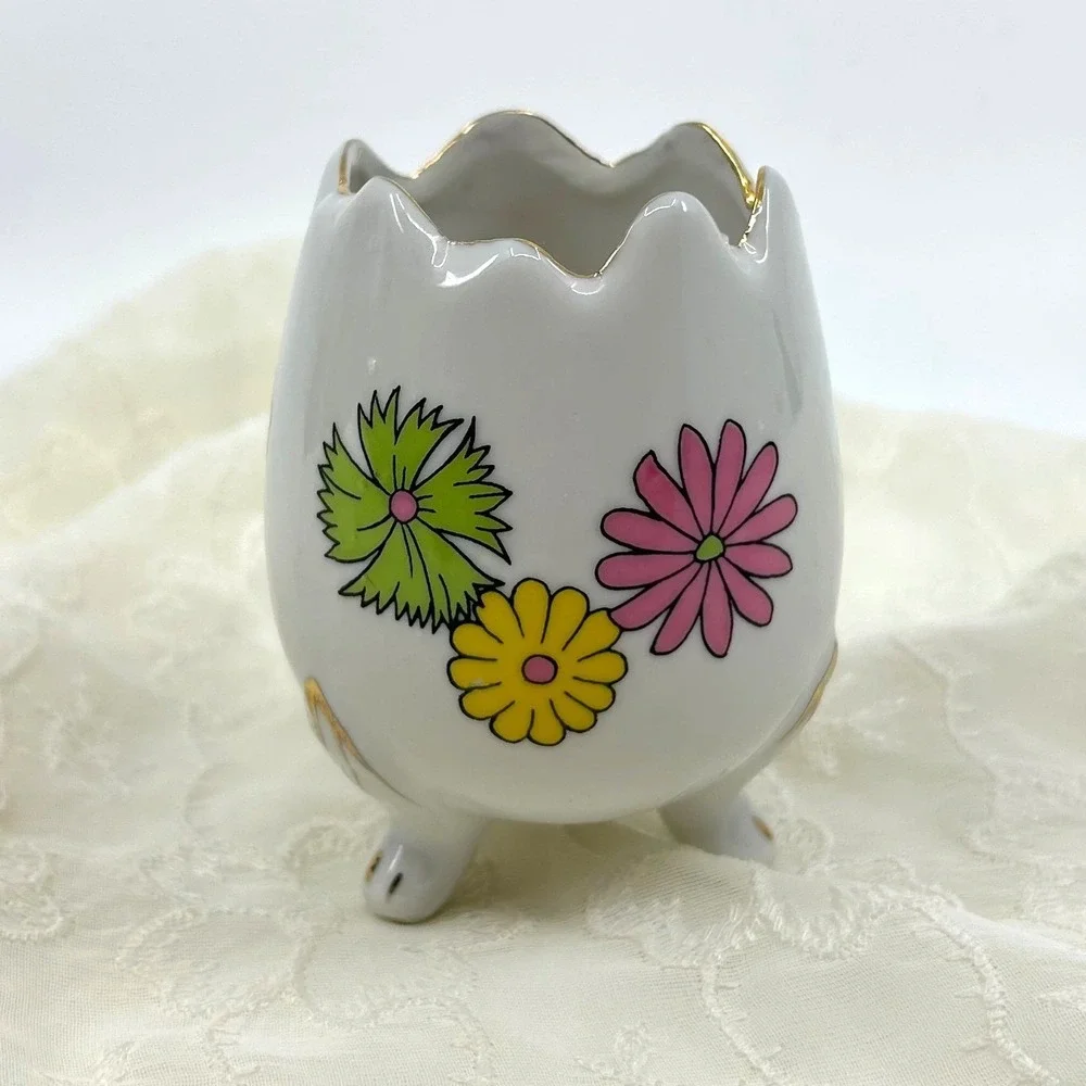 Vintage Groovy Flower Power Ceramic Broken Egg Vase Candle Holder Decor